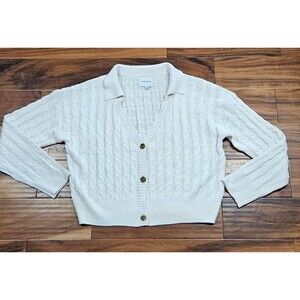 Pink Rose Sweater Large Crop Cableknit Long Sleeve Buttons Casual Top Cardigan